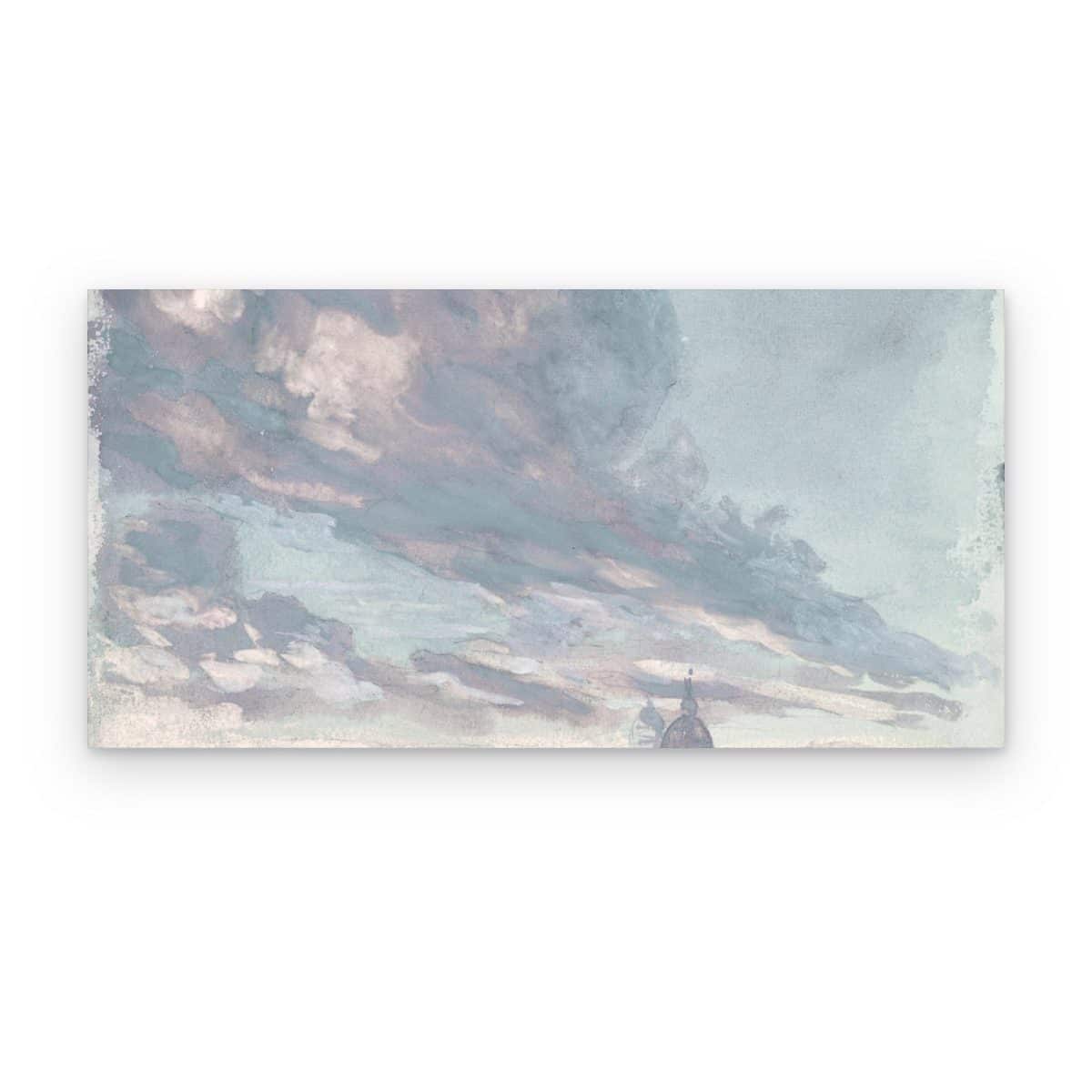 Cuadro Cielo Nublado impreso en canvas, nubes malva y grises sobre ciudad con cúpula