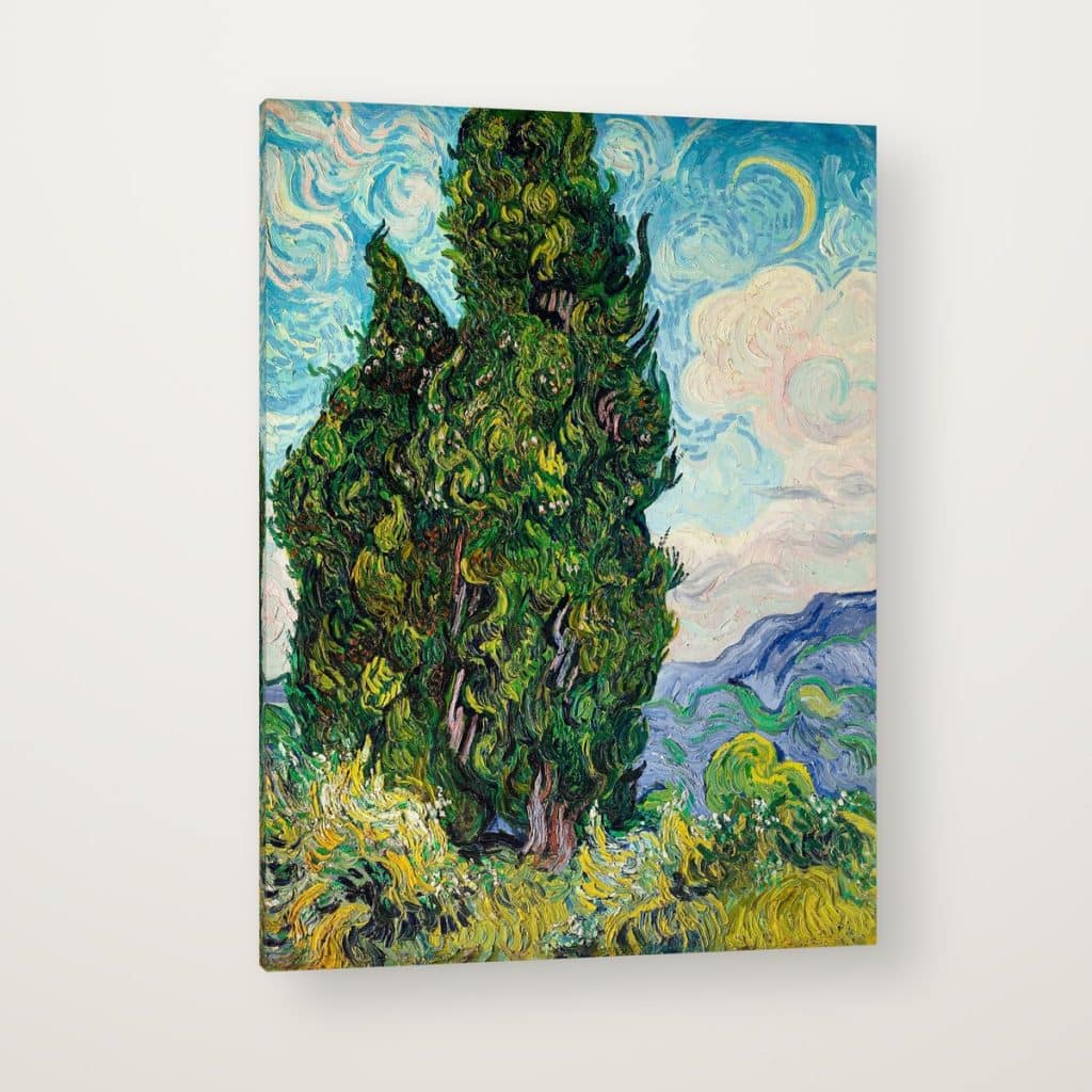 Cipreses de Van Gogh en canvas con canto en espejo