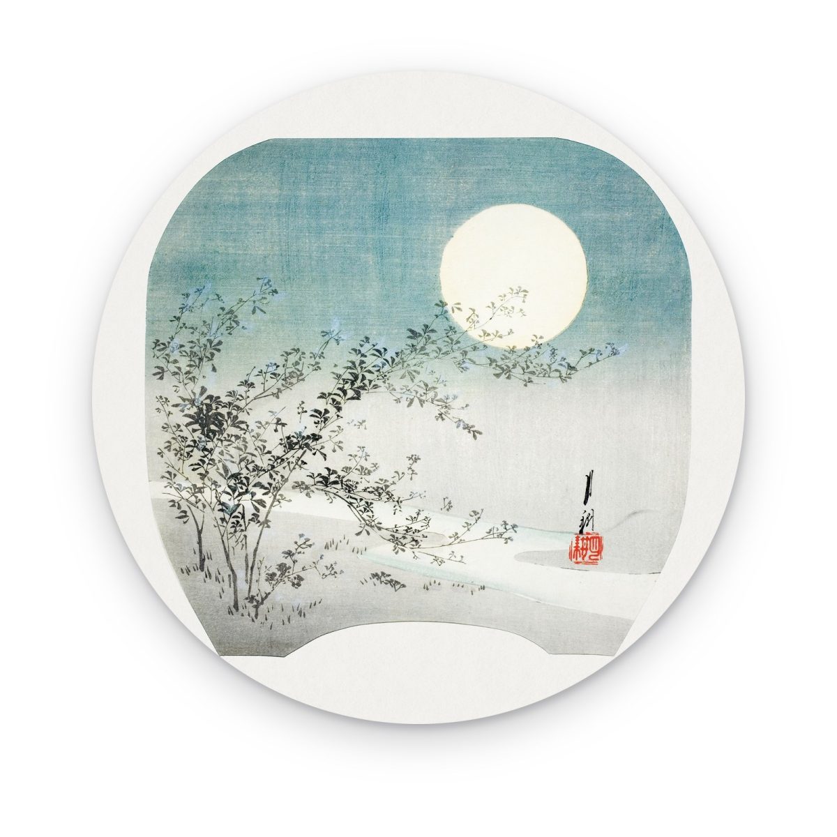 Cuadro circular Abanico de Luna en acrílico, luna llena sobre arbustos en forma de abanico japonés