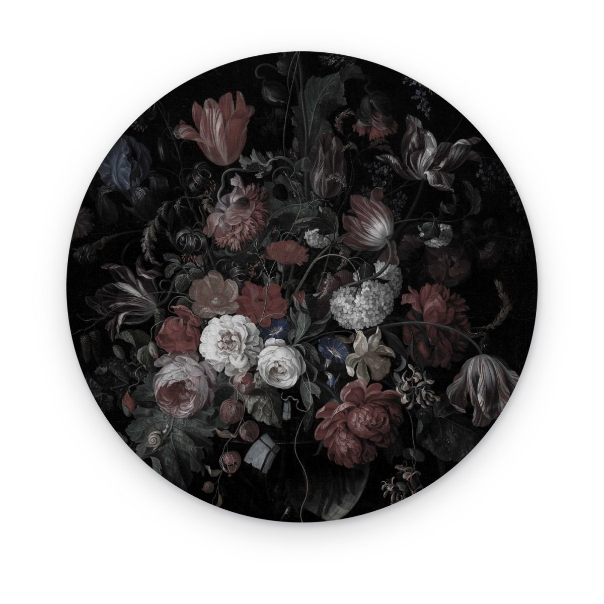 Cuadro circular Bouquet Barroco en acrílico, ramo de rosas y tulipanes sobre fondo negro
