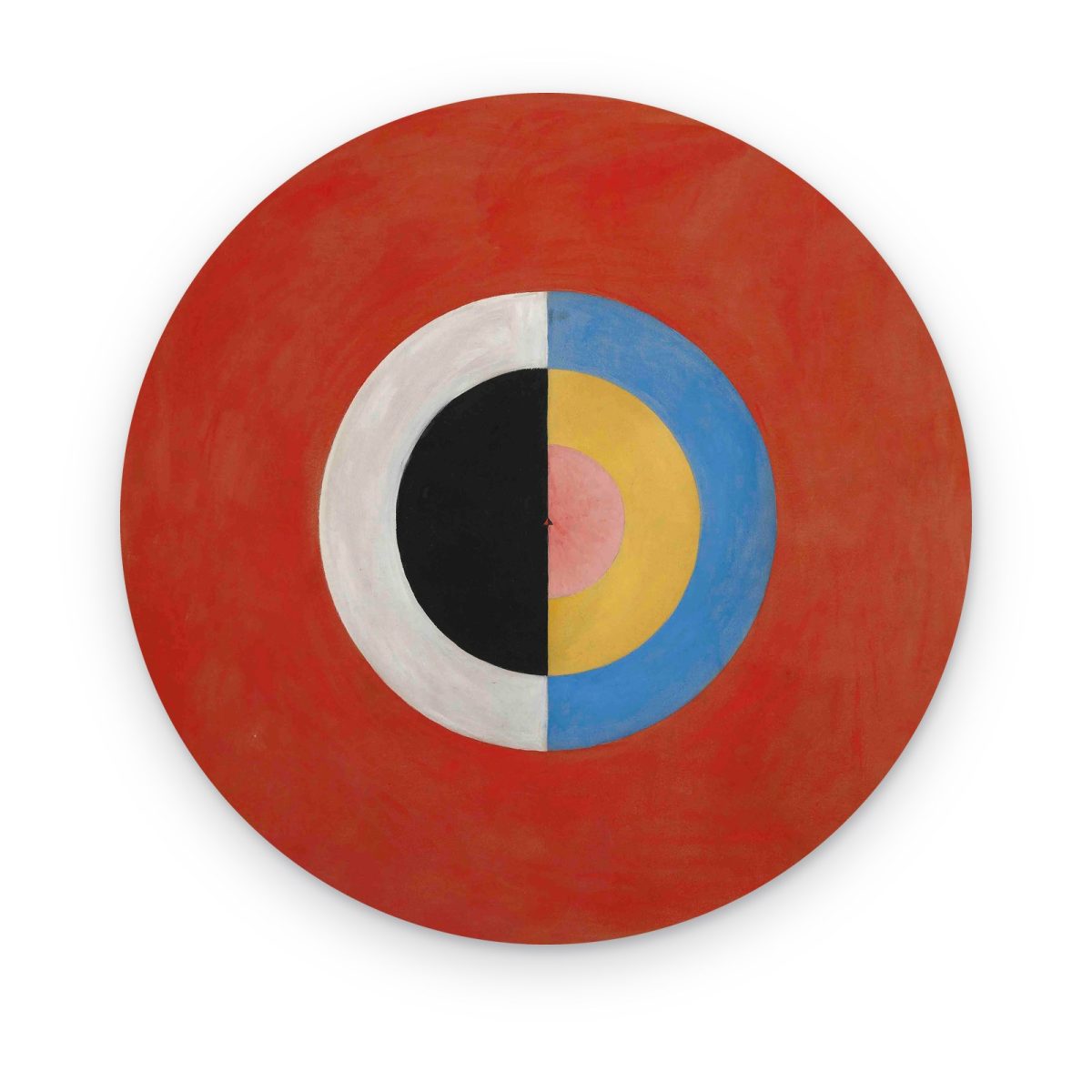 Cuadro circular El Cisne 17 en acrílico, círculo partido negro, blanco, azul y amarillo sobre rojo