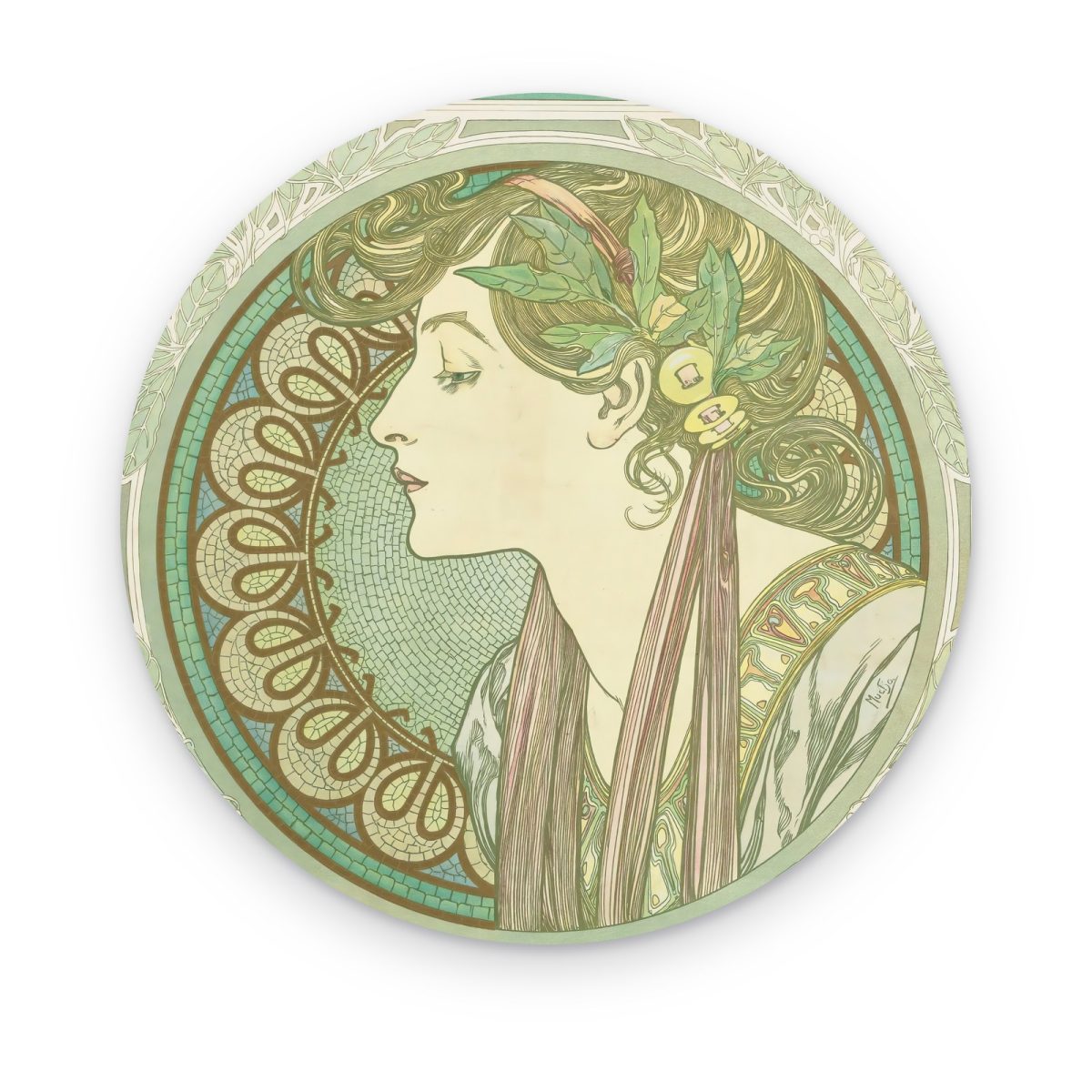 Cuadro circular El Laurel de Mucha en acrílico, perfil de mujer con laurel en un medallón verde