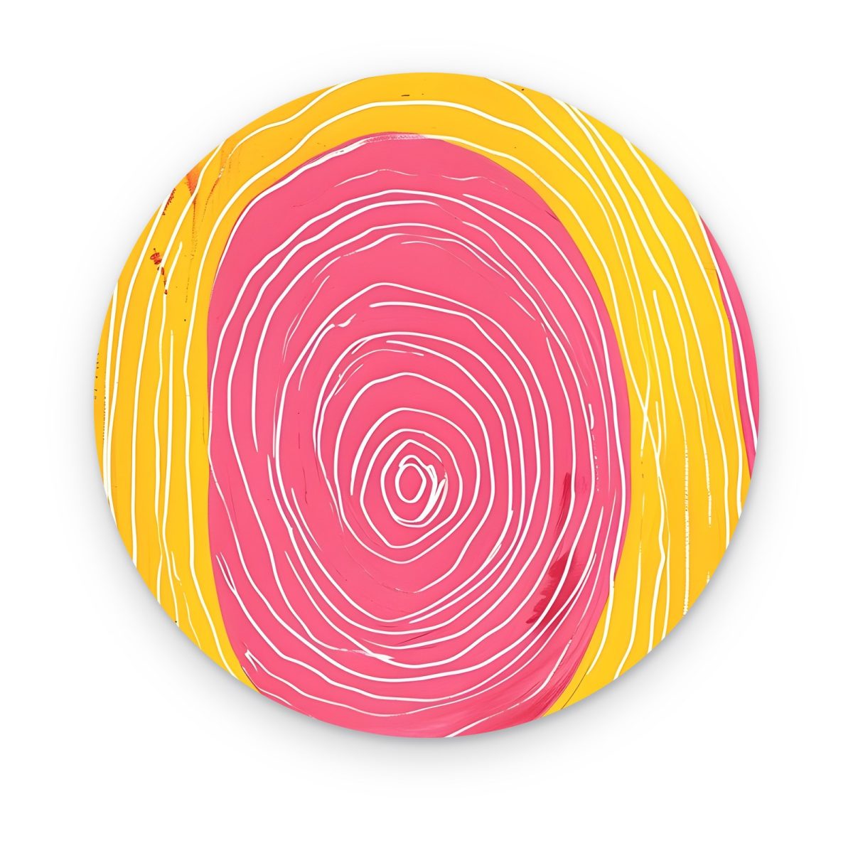 Cuadro circular Espiral Pop en acrílico, espiral ovalada rosa sobre amarillo con líneas blancas