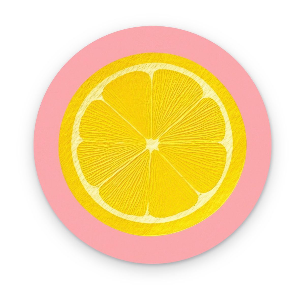 Cuadro circular Limón sobre Rosa en acrílico, rodaja de limón amarillo sobre fondo rosa