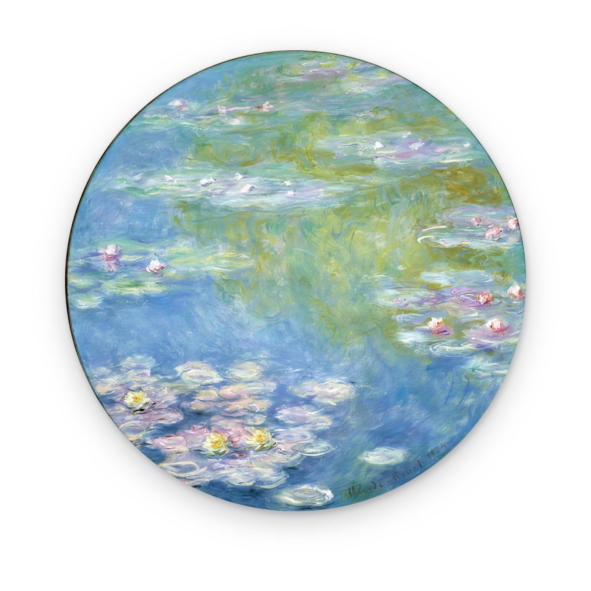 Cuadro circular Nenúfares Rosas de Monet en acrílico, estanque azul y verde con flores rosas