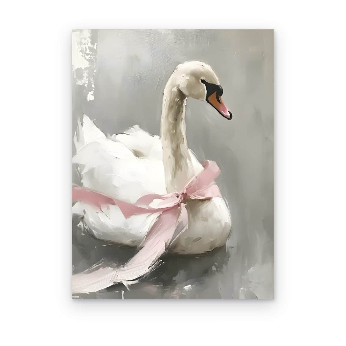 Cuadro Cisne con Listón impreso en canvas, cisne blanco con moño de listón rosa sobre fondo gris