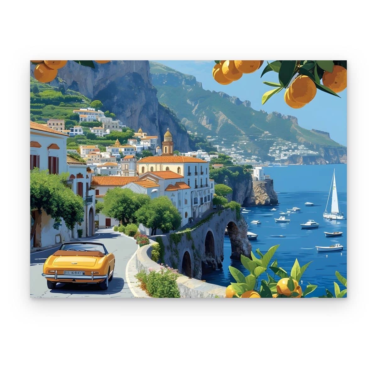 Cuadro Convertible en Amalfi impreso en canvas, auto amarillo en carretera costera con naranjas y veleros
