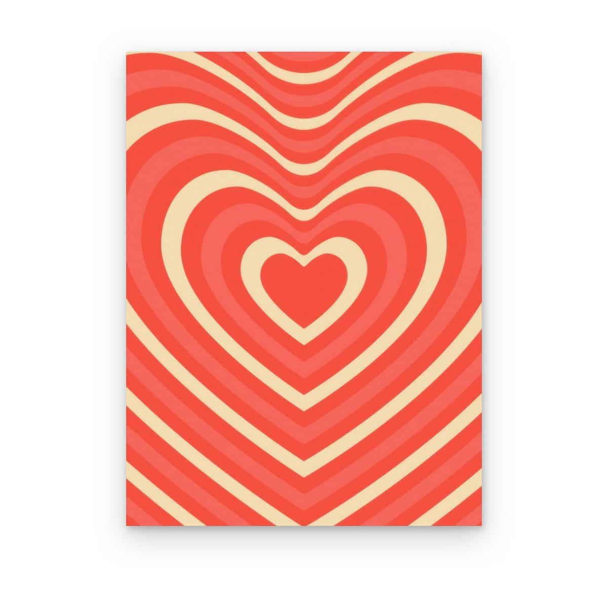 Cuadro Corazón Groovy Rojo impreso en canvas, corazón con ondas concéntricas rojas y crema estilo setentero