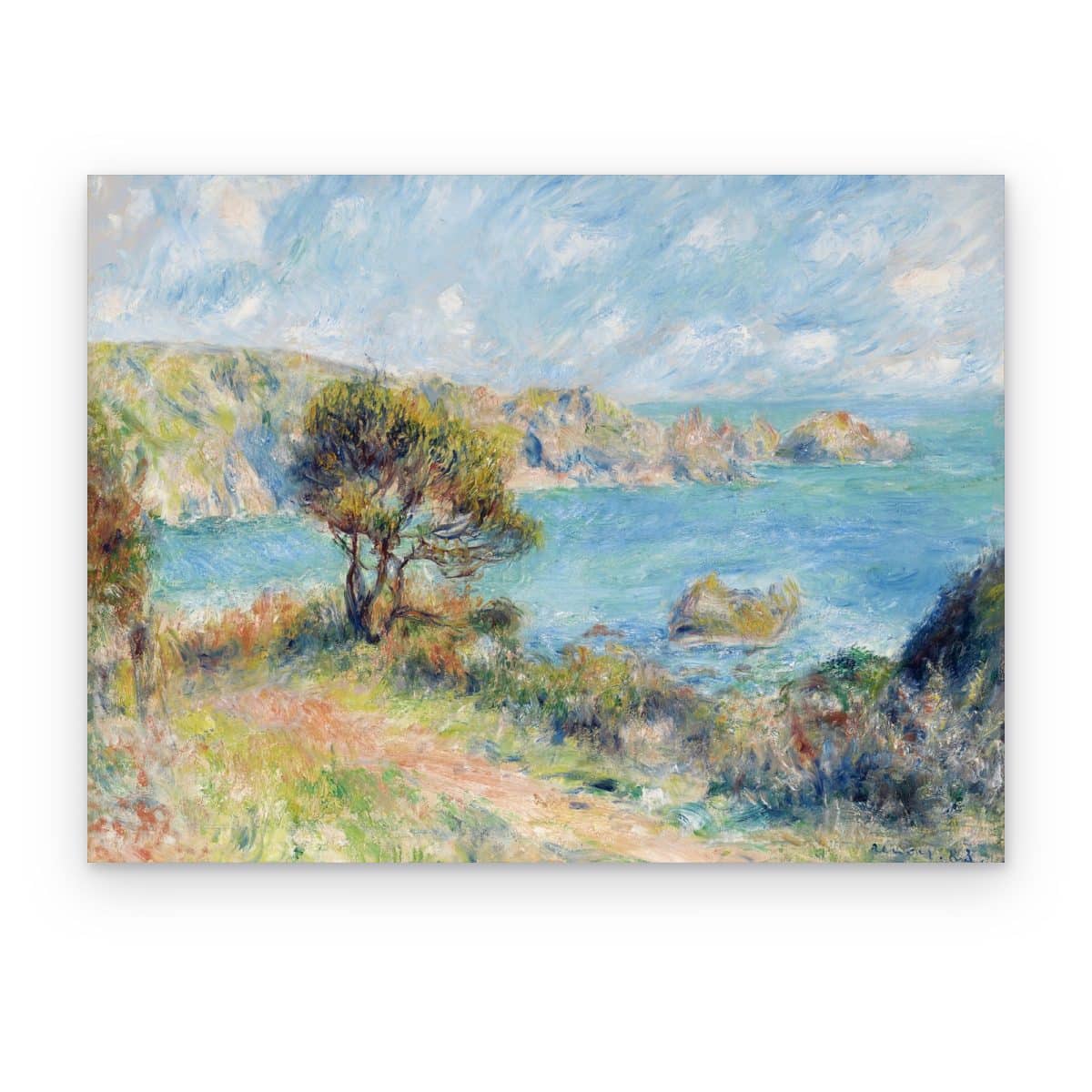 Cuadro Costa de Guernsey impreso en canvas, bahía turquesa con rocas, sendero y árbol