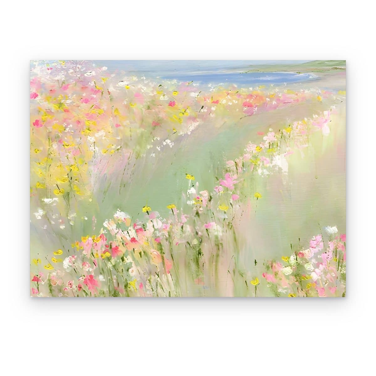 Cuadro Costa en Flor impreso en canvas, pradera de flores silvestres rosas y amarillas junto al mar