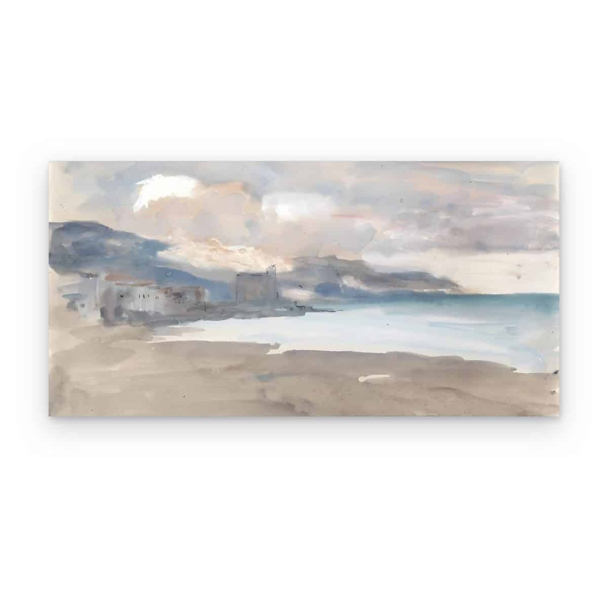 Cuadro Costa Gris impreso en canvas, acuarela de bahía con nubes grises y pueblo