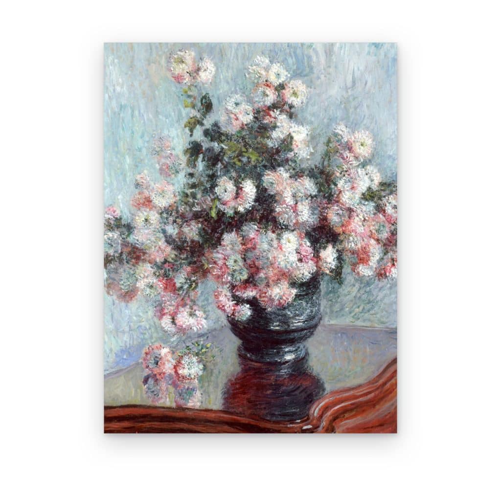 Cuadro Crisantemos de Monet impreso en canvas, ramo rosa y blanco en jarrón oscuro