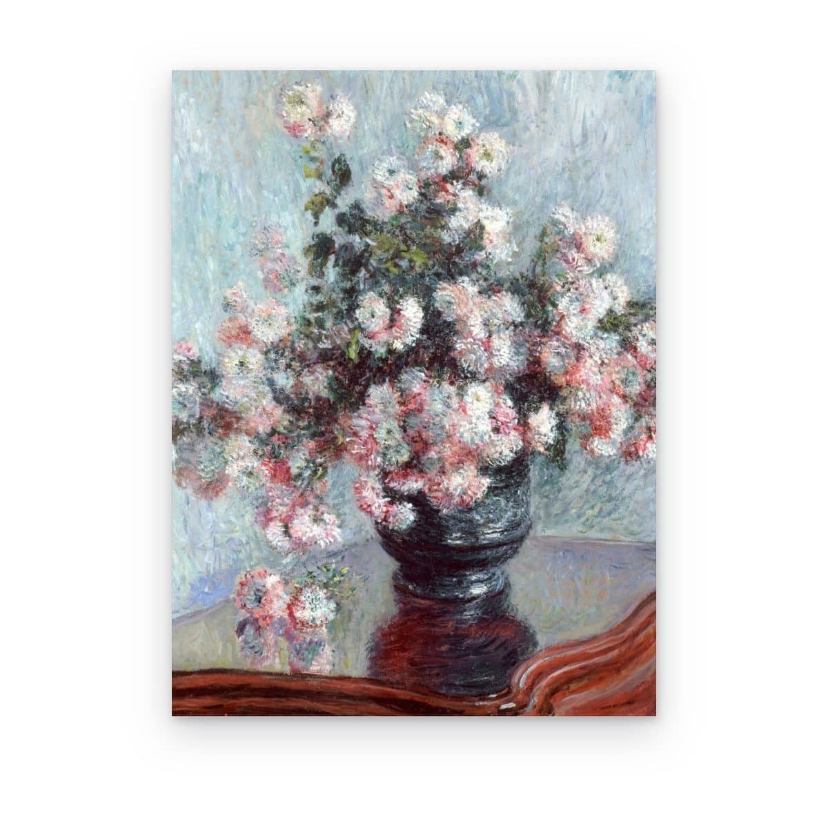 Cuadro Crisantemos de Monet impreso en canvas, ramo rosa y blanco en jarrón oscuro