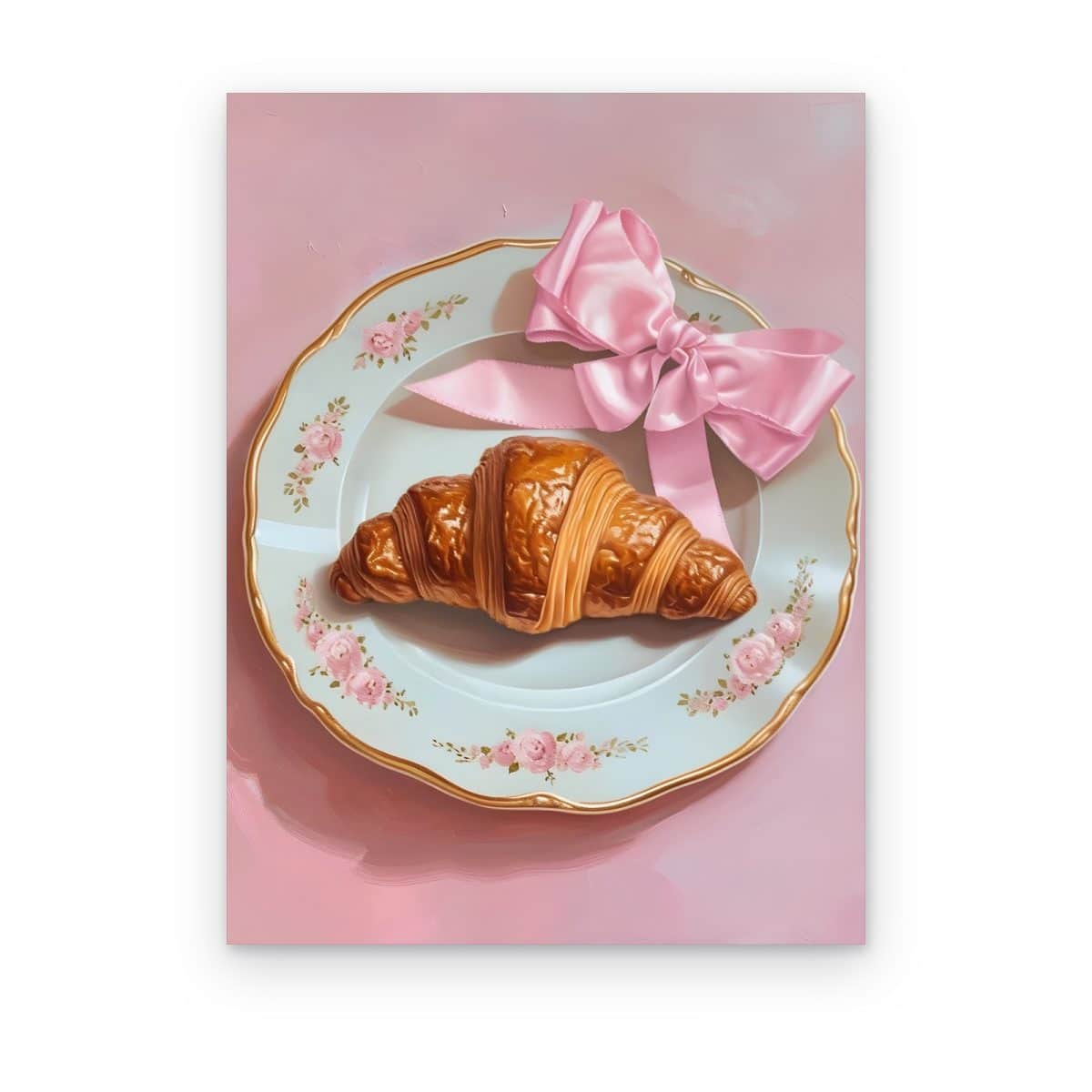 Cuadro Croissant Coquette impreso en canvas, croissant con moño de satín rosa sobre plato floral