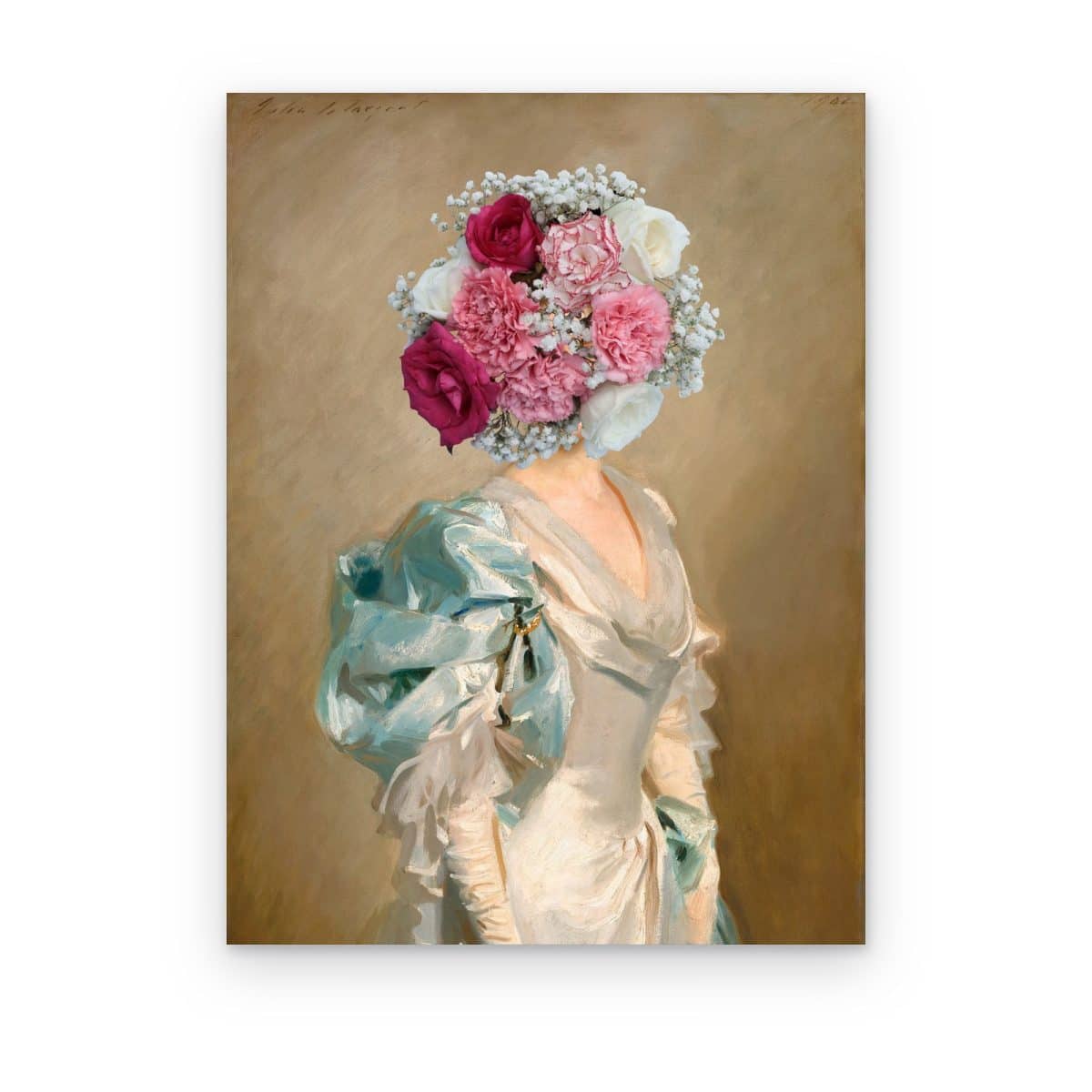 Cuadro Dama de las Rosas impreso en canvas, dama de vestido de satín con ramo de rosas en lugar de cabeza