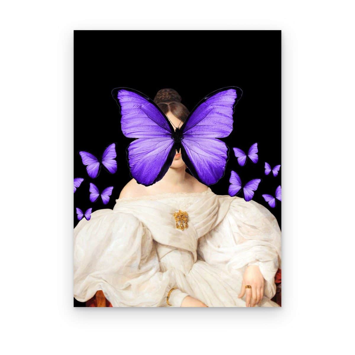 Cuadro Dama Mariposa impreso en canvas, dama de blanco con mariposa morada sobre el rostro y fondo negro