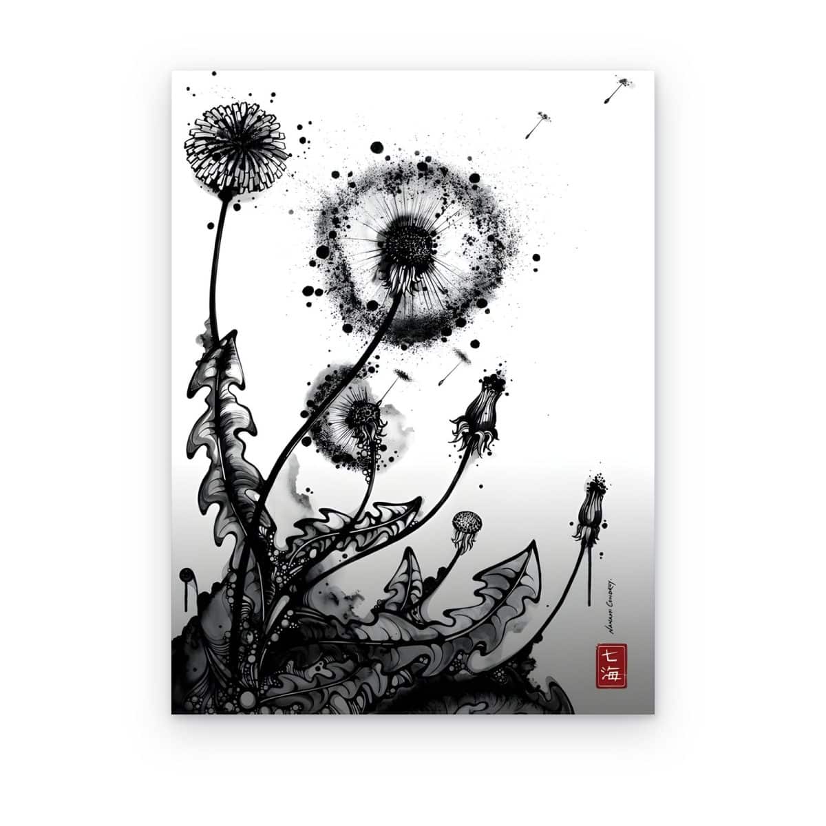 Cuadro Dientes de León en Tinta impreso en canvas, flores en tinta negra con sello rojo