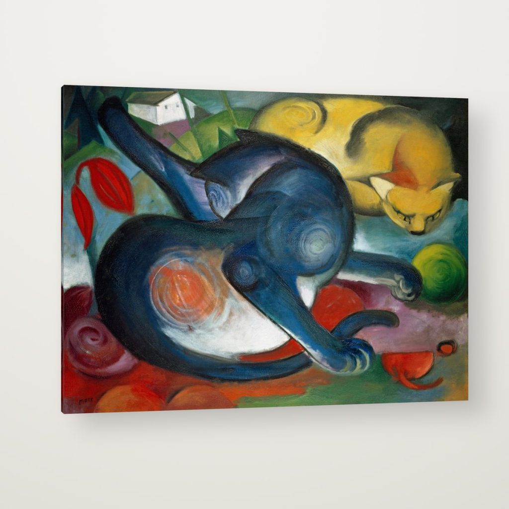 Dos Gatos, Azul y Amarillo de Franz Marc en canvas con canto en espejo