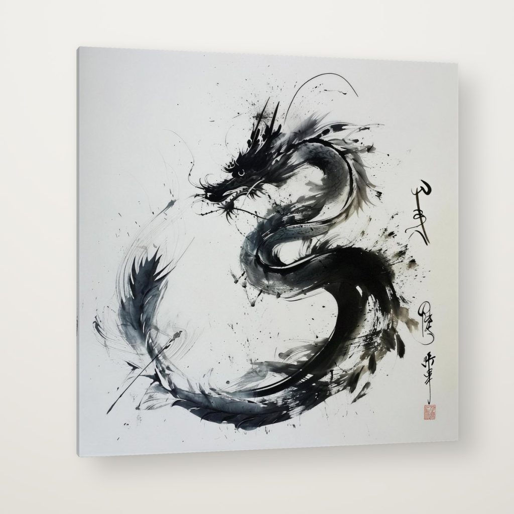 Dragón en Tinta en canvas con canto en espejo