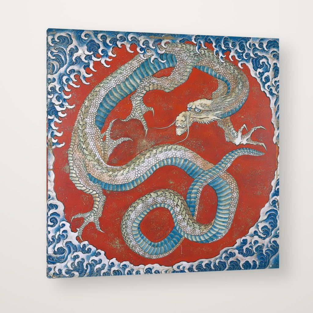 Dragón entre las Olas de Hokusai en canvas con canto en espejo