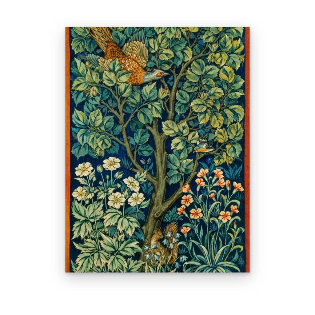 Cuadro El Bosque de William Morris impreso en canvas, tapiz con faisán entre hojas verdes