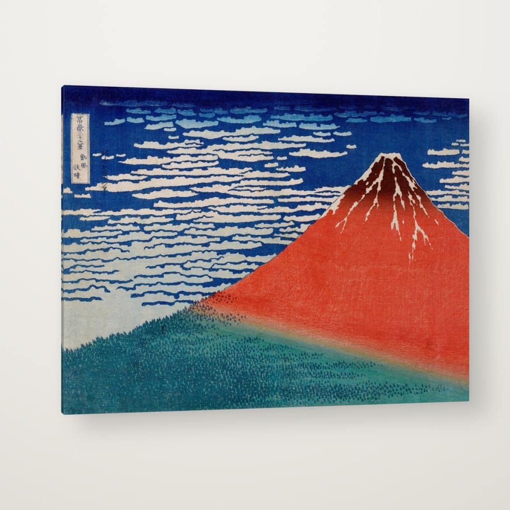El Fuji Rojo de Hokusai en canvas con canto en espejo