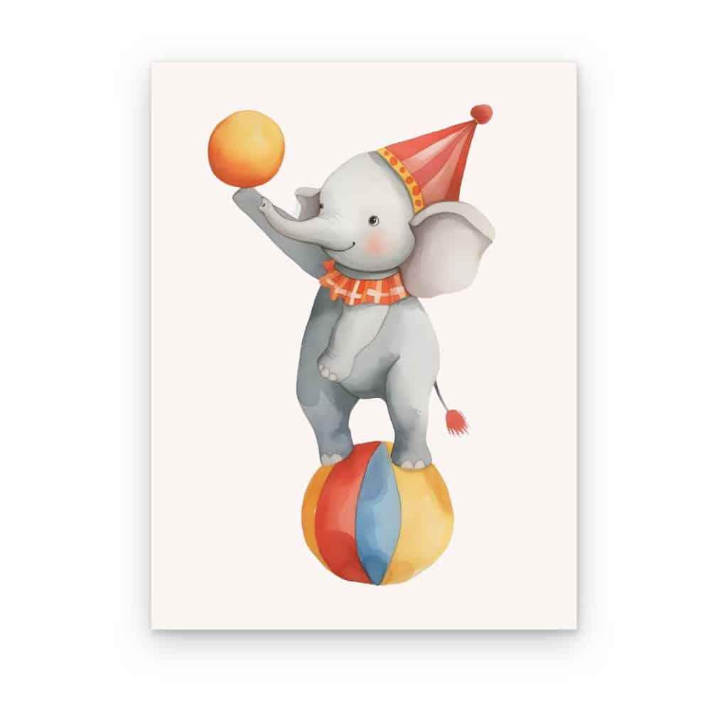 Cuadro Elefante de Circo impreso en canvas, elefantito en equilibrio sobre una pelota