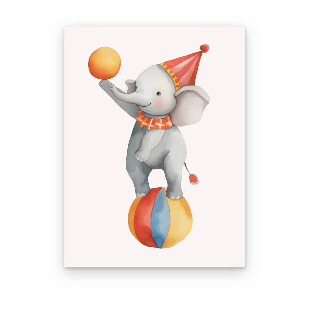 Cuadro Elefante de Circo impreso en canvas, elefantito en equilibrio sobre una pelota