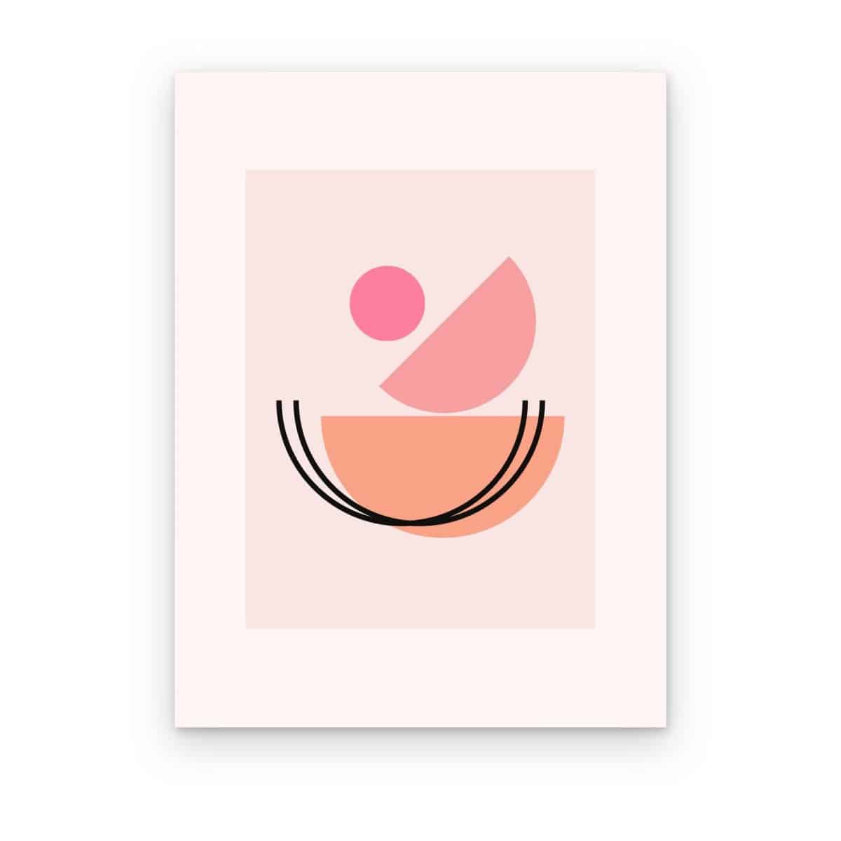 Cuadro Equilibrio Rosa impreso en canvas, círculos y arcos sobre fondo rosa palo