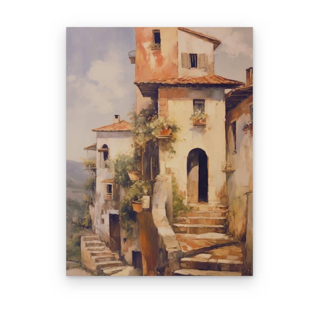 Cuadro Escalinata Mediterránea impreso en canvas, casa antigua con escalinata de piedra