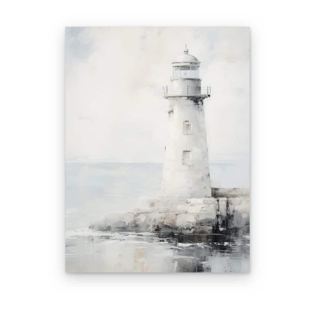 Cuadro Faro en la Bruma impreso en canvas, faro blanco sobre rocas en bruma azul