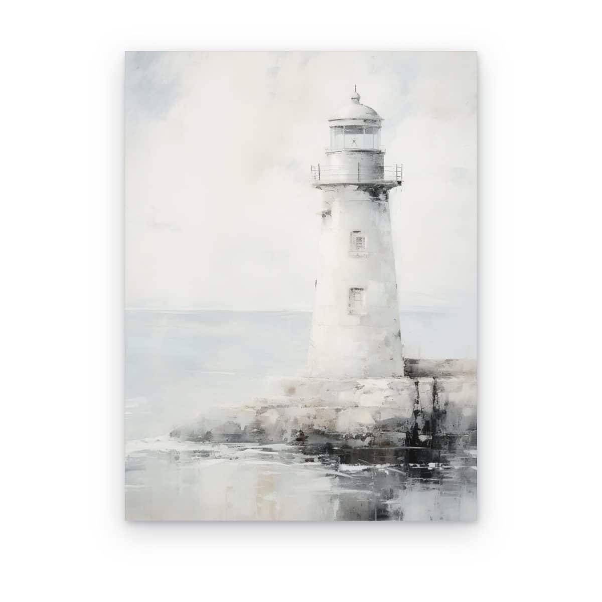 Cuadro Faro en la Bruma impreso en canvas, faro blanco sobre rocas en bruma azul