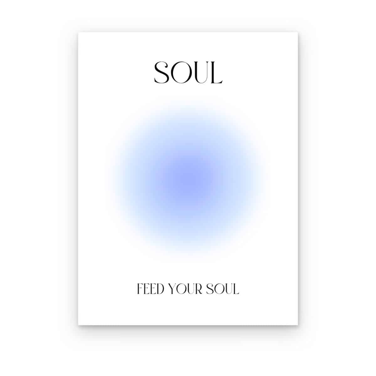 Cuadro Feed Your Soul impreso en canvas, aura azul lavanda sobre fondo blanco con la palabra SOUL