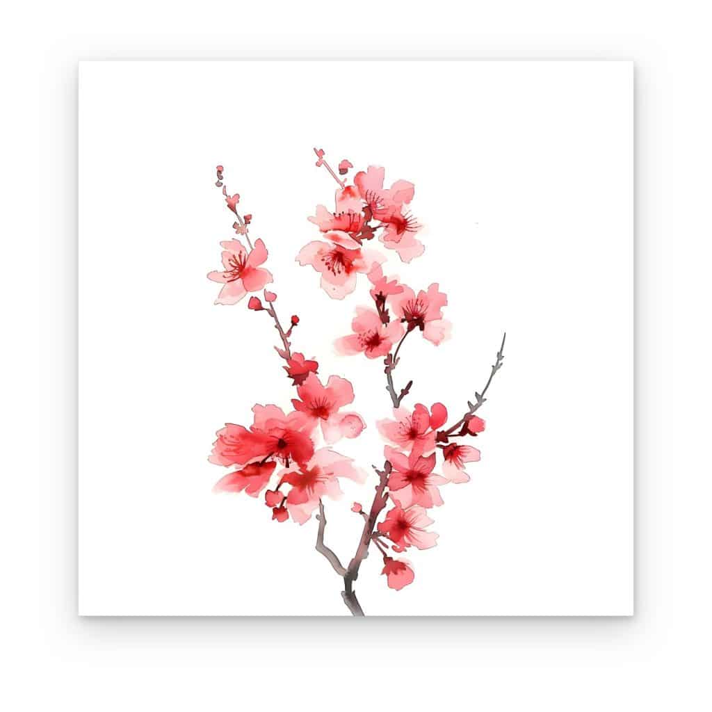 Cuadro Flor de Cerezo impreso en canvas, rama en acuarela con flores rosa coral