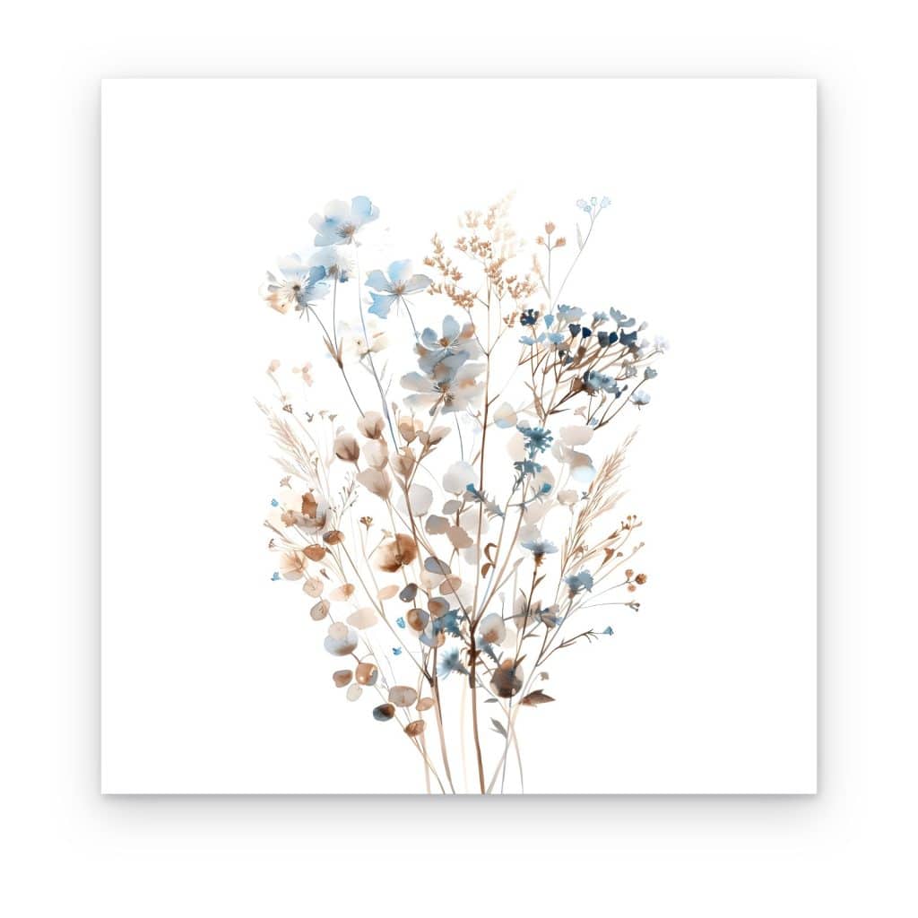 Cuadro Flores Silvestres Azules impreso en canvas, ramo en acuarela azul y arena