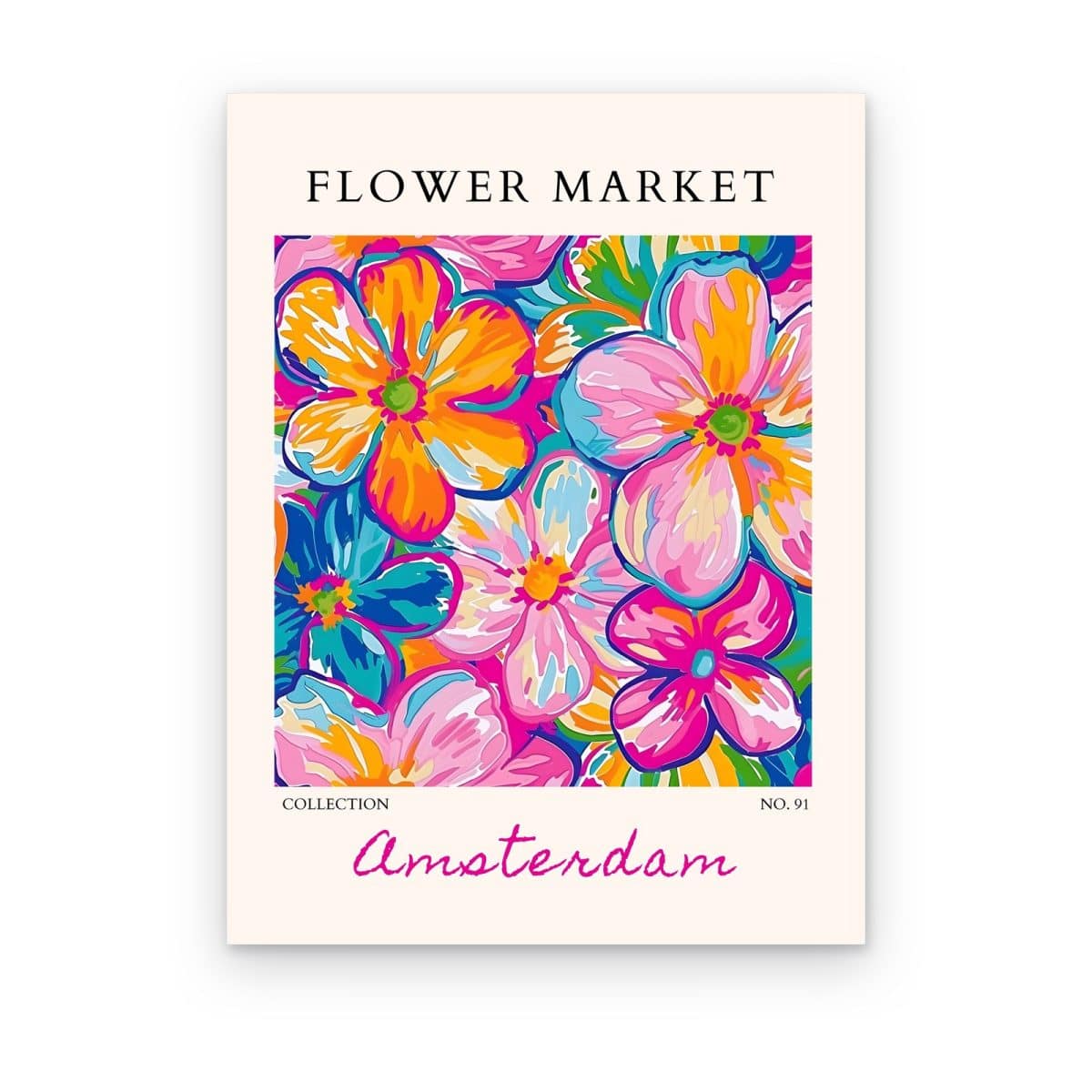 Cuadro Flower Market Amsterdam impreso en canvas, flores maximalistas en rosa neón, naranja y azul