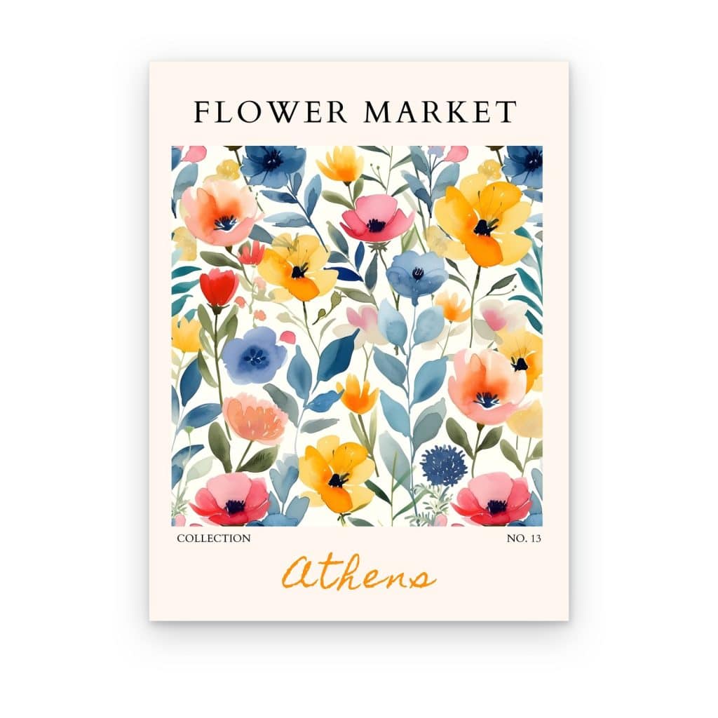 Cuadro Flower Market Athens impreso en canvas, póster de flores de colores en acuarela