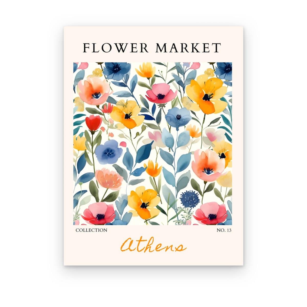 Cuadro Flower Market Athens impreso en canvas, póster de flores de colores en acuarela