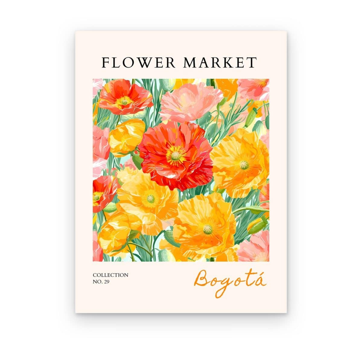 Cuadro Flower Market Bogotá impreso en canvas, amapolas rojas, naranjas y amarillas pintadas al óleo