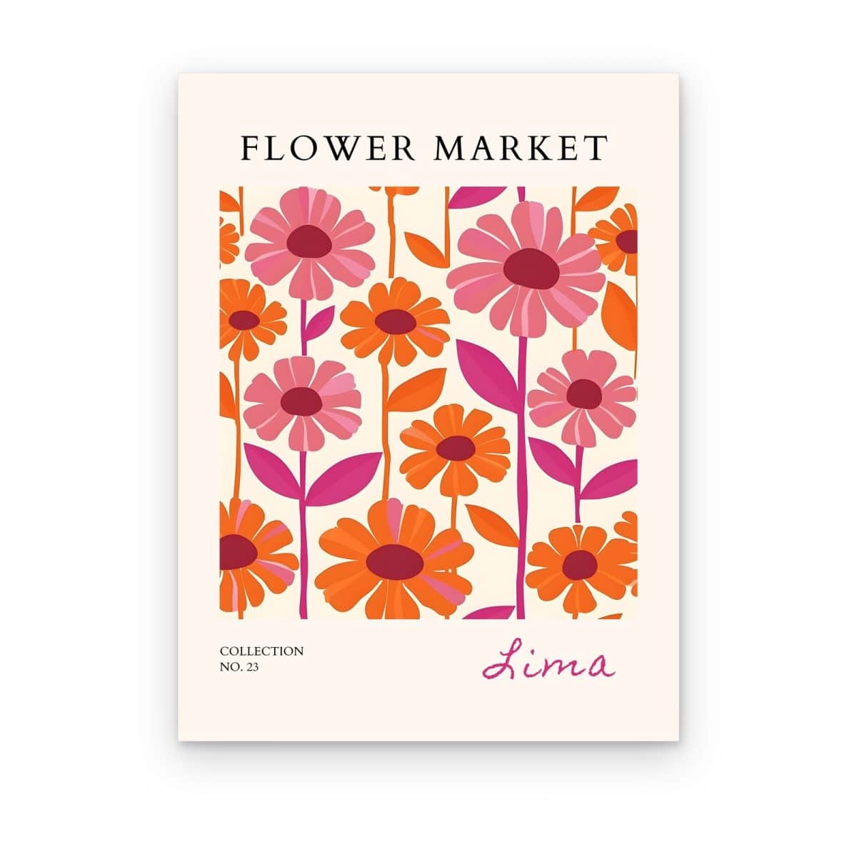Cuadro Flower Market Lima impreso en canvas, gerberas rosas y naranjas de estilo retro sobre fondo crema
