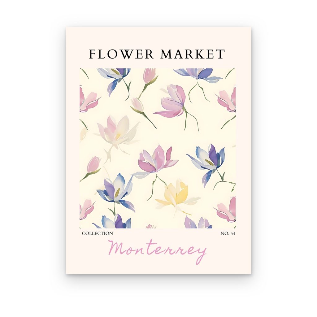 Cuadro Flower Market Monterrey impreso en canvas, magnolias lila y rosa pastel sobre fondo crema