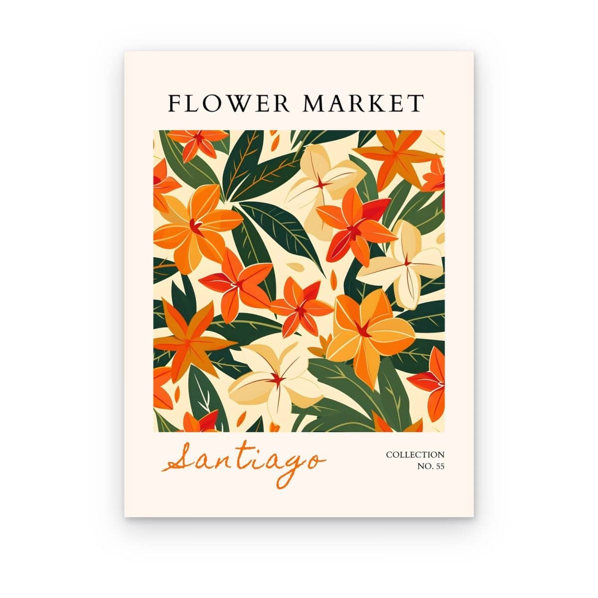 Cuadro Flower Market Santiago impreso en canvas, lirios naranjas con hojas verdes sobre fondo crema