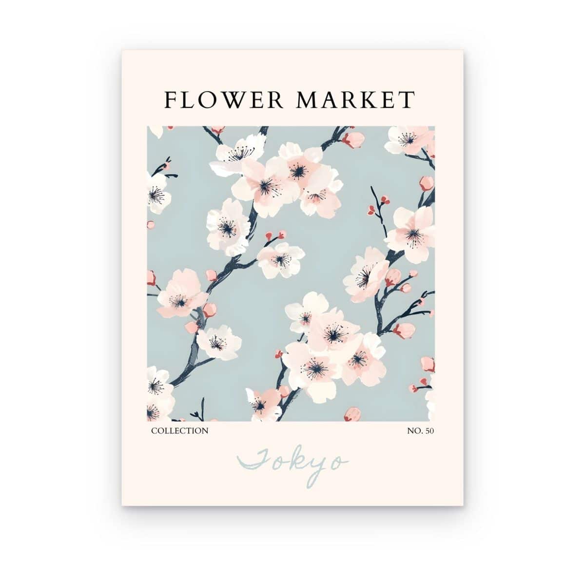 Cuadro Flower Market Tokyo impreso en canvas, ramas de flor de cerezo blancas sobre fondo azul grisáceo