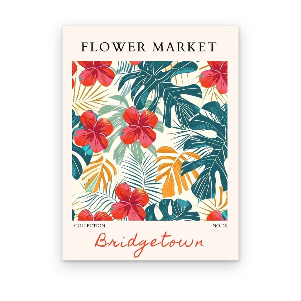 Cuadro Flower Market Tropical impreso en canvas, póster con hibiscos rojos y monsteras