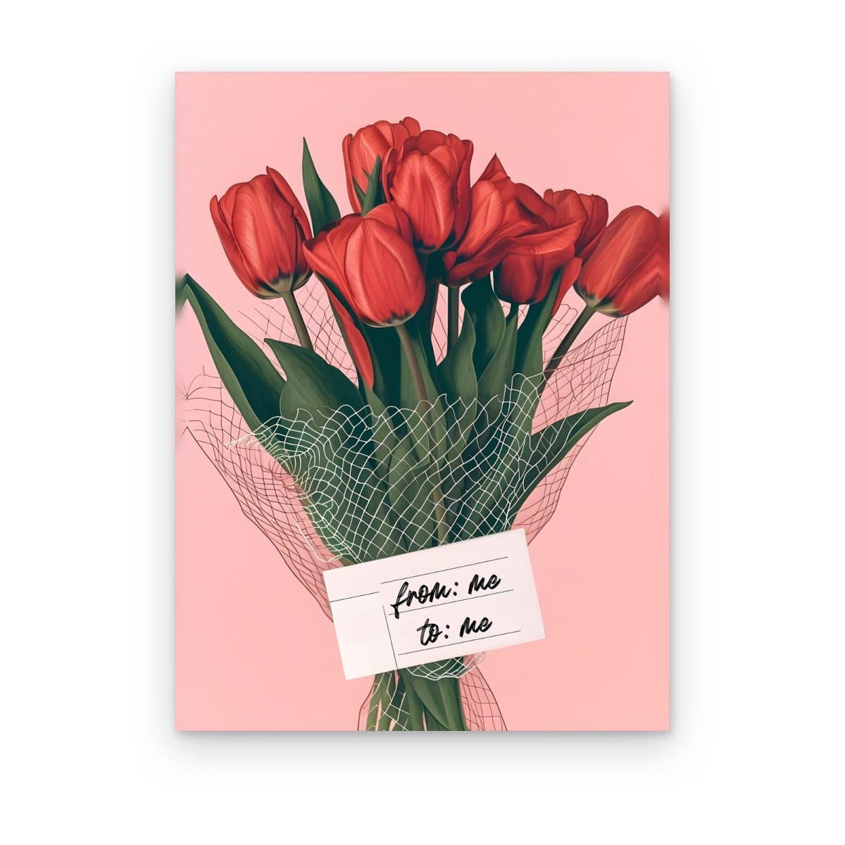 Cuadro From Me to Me impreso en canvas, ramo de tulipanes rojos envuelto en malla con tarjeta sobre rosa