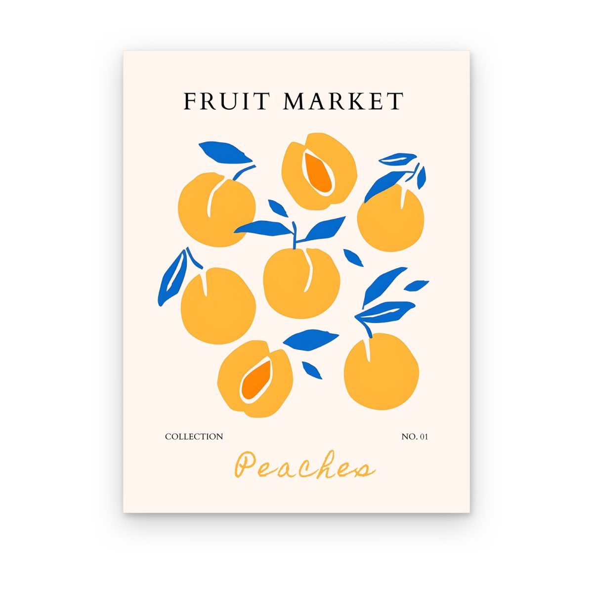 Cuadro Fruit Market Peaches impreso en canvas, duraznos naranjas con hojas azules sobre fondo crema
