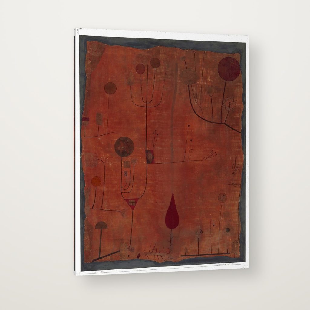 Frutos sobre Rojo de Klee en canvas con canto en espejo