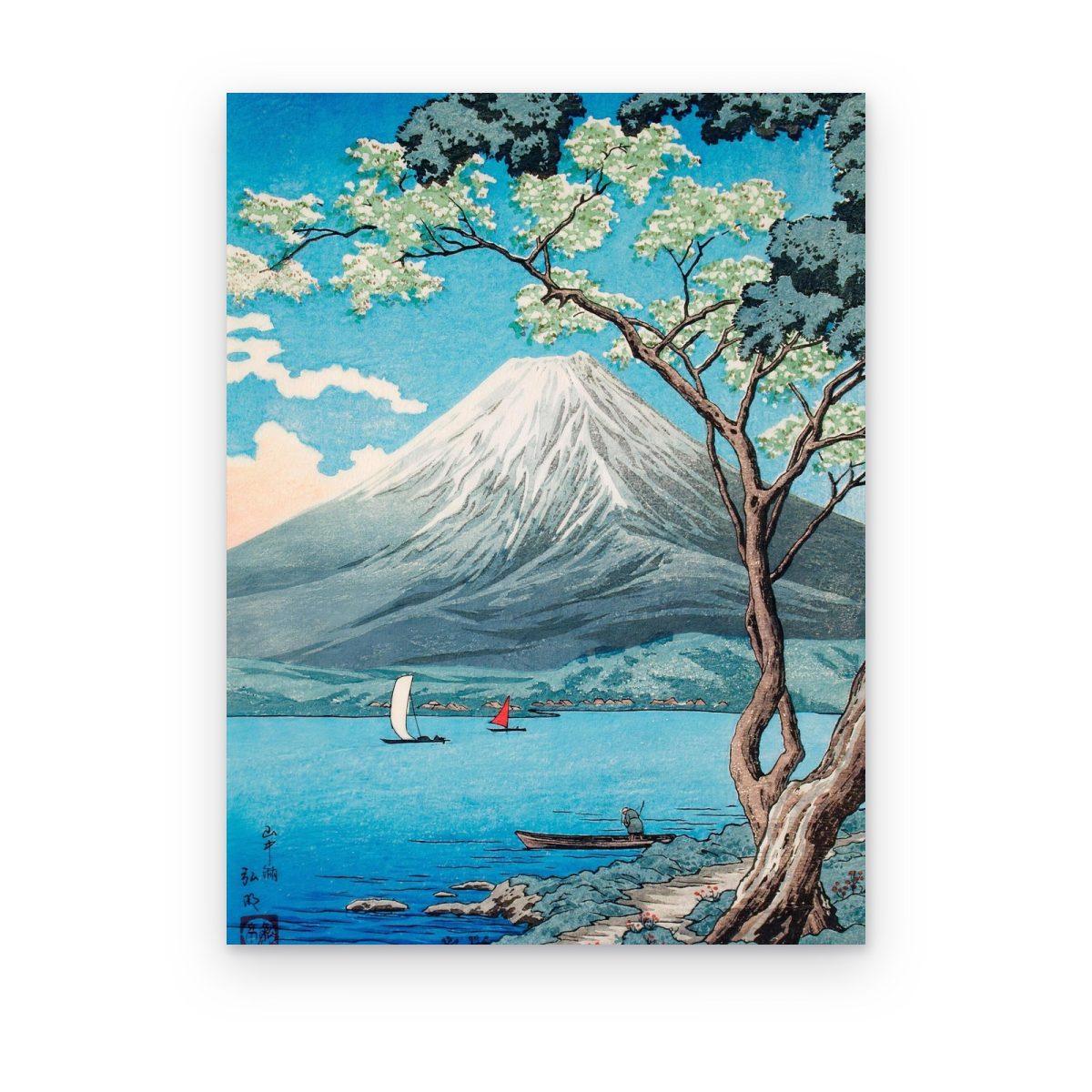 Cuadro Fuji y Lago Azul impreso en canvas, monte Fuji tras un árbol junto a un lago azul con barcas