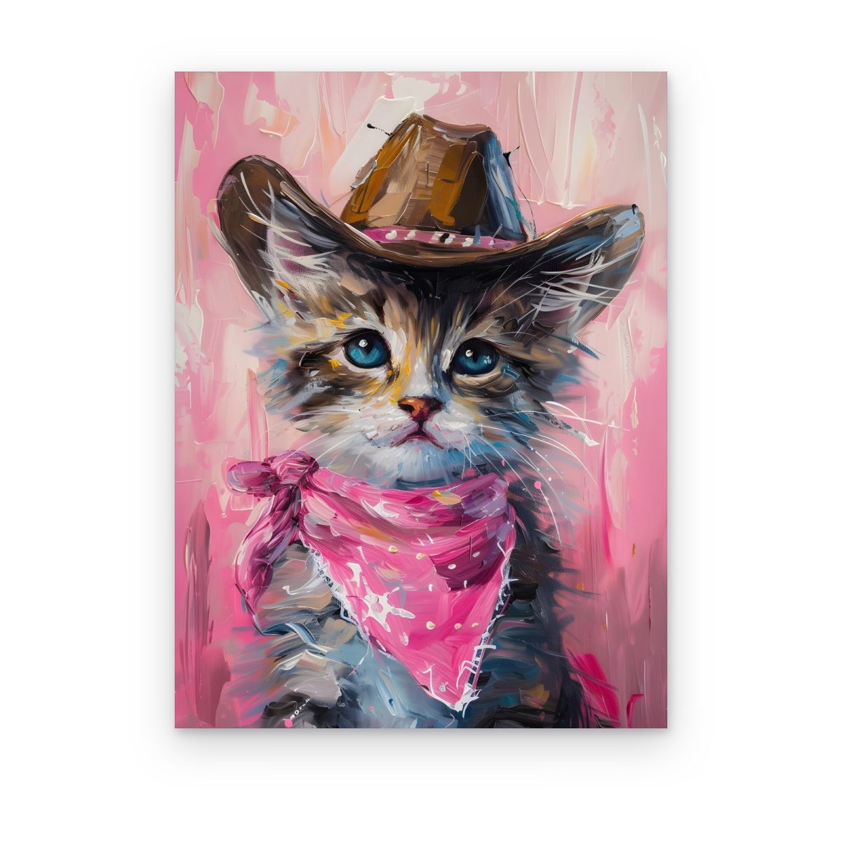 Cuadro Gatito Vaquero impreso en canvas, gatito con sombrero vaquero y paliacate rosa en pintura expresiva