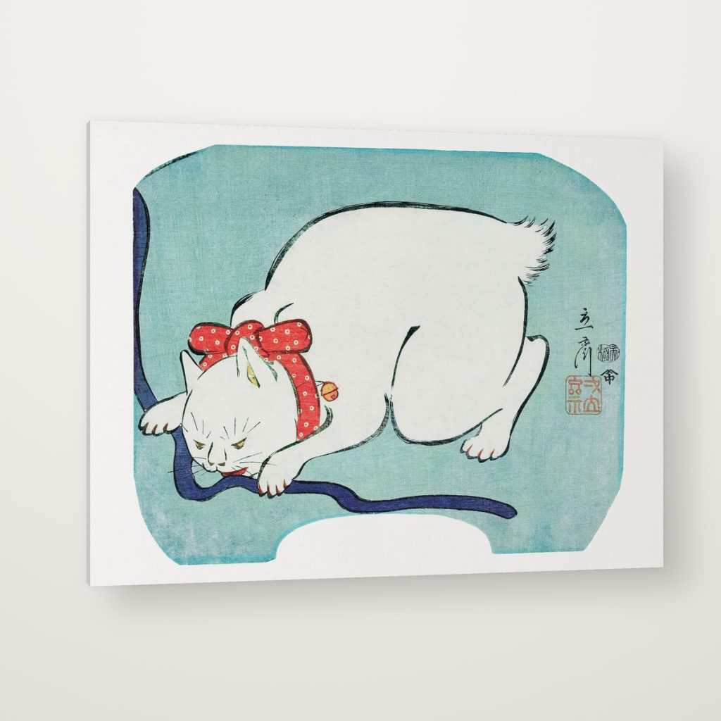 Gato Blanco con Listón en canvas con canto en espejo